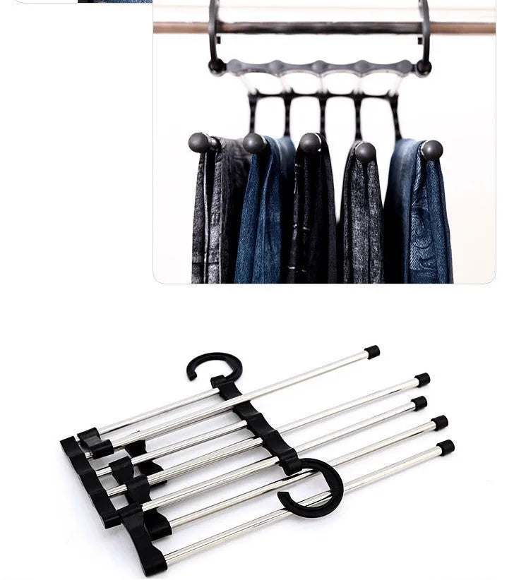 Black stainless steel five-boom trouser hanger showing level and vertical hanging options.