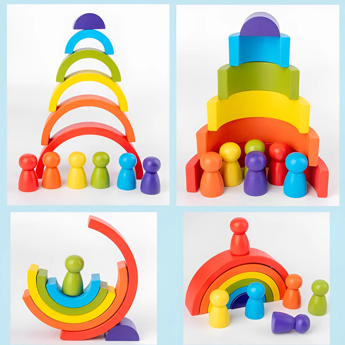 Rainbow arched wooden building blocks in a colourful stack on a flat surface