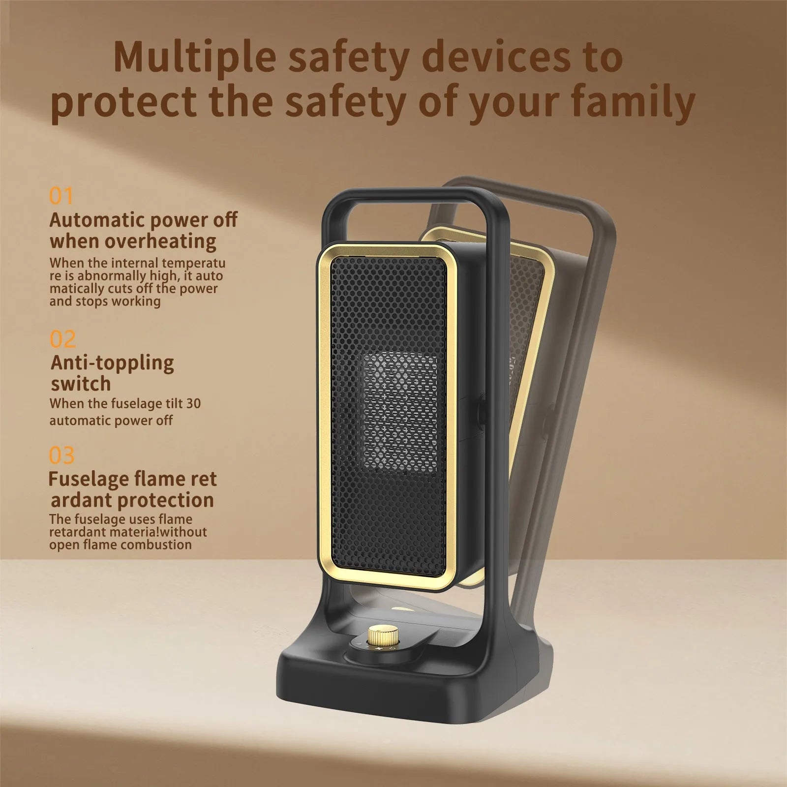 Black PTC ceramic desktop heater with control knob, measuring 14.9cm wide by 33.5cm tall.