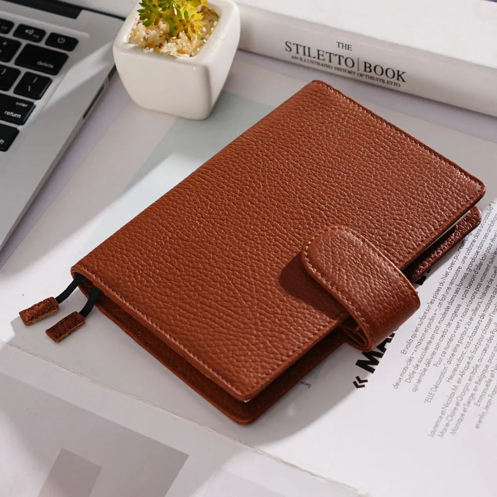 A6 loose-leaf diary with lychee pattern head layer cowhide cover in off white, pink, and white