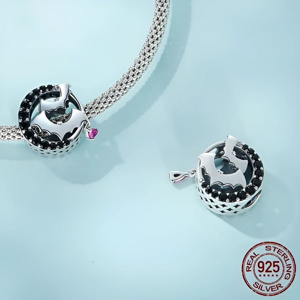 Halloween black zircon moon bead in 925 silver with dripping oil treatment, 1.6 x 1.3cm