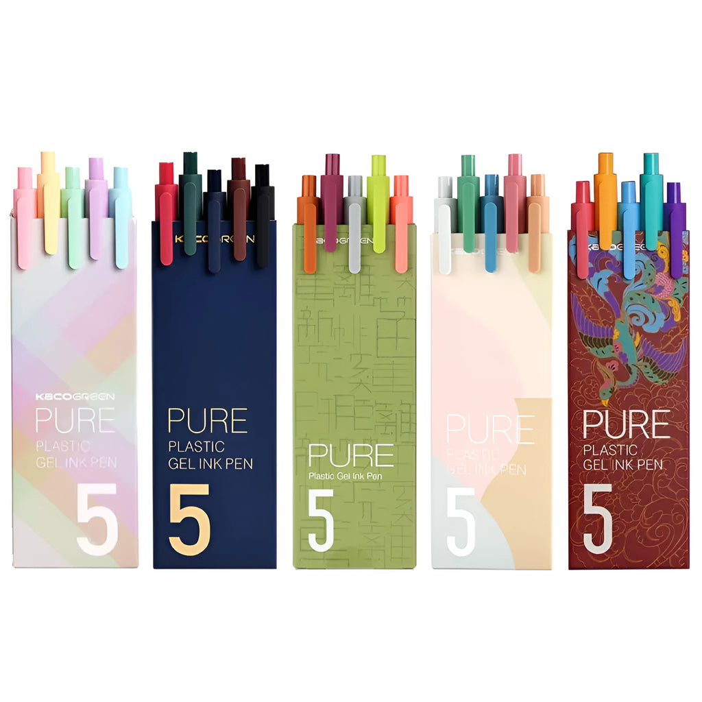 Set of five multi-colour fine point 0.5mm gel pens in a colour box, plastic body with retractable tip