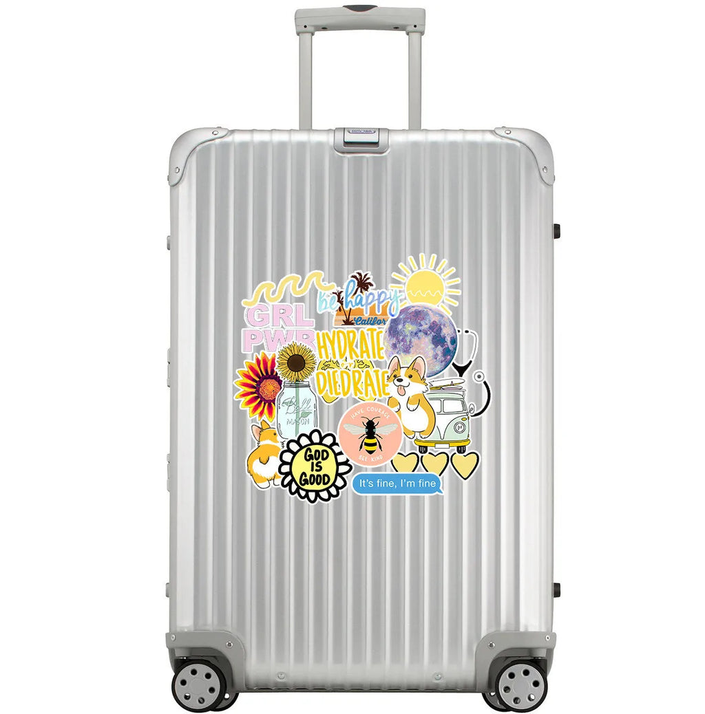 Assorted waterproof PVC graffiti suitcase stickers in 50 pack, 4-6 cm each, on white background.