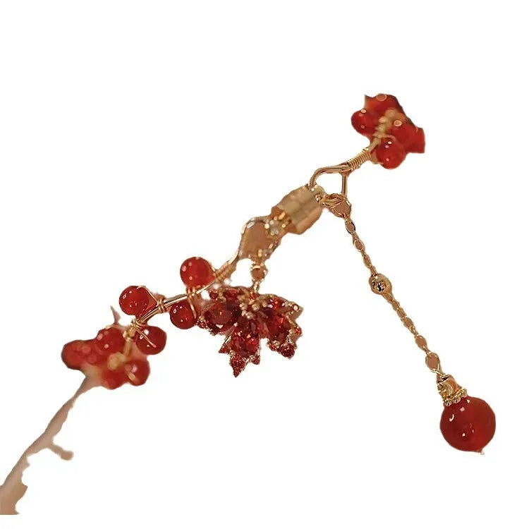 Red Chinese style magnetic therapy bracelet with maple leaf and ginkgo leaf alloy design