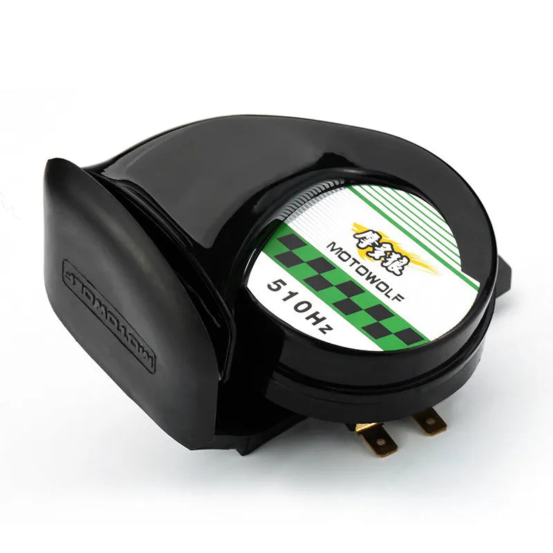 12V car and motorcycle horn with loud 110dB sound output in black ABS plastic