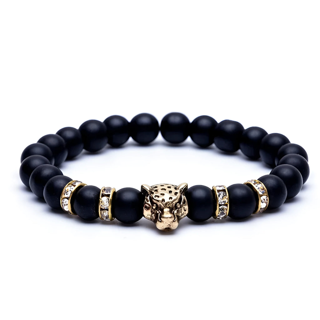 8mm natural stone and lava stone bead bracelet with leopard head pendant for men, 18cm diameter, gold frosted black