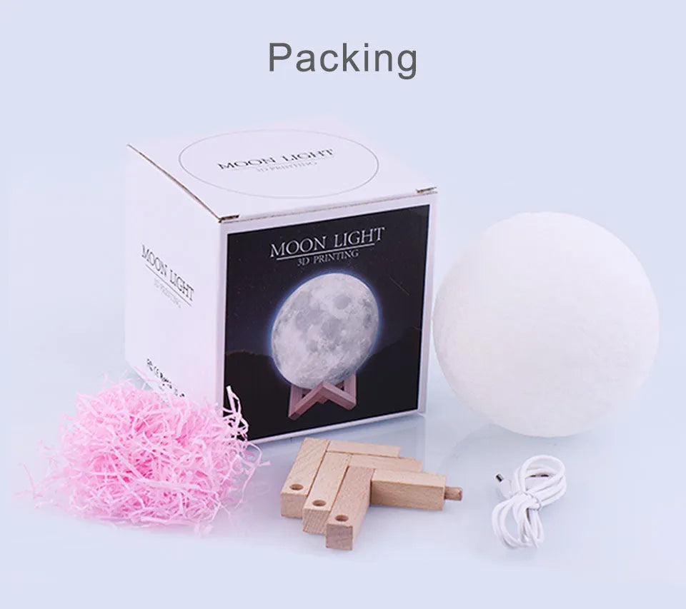 15cm 3-colour LED moon light with 3D printed plastic shade on a bedside table, touch control at base