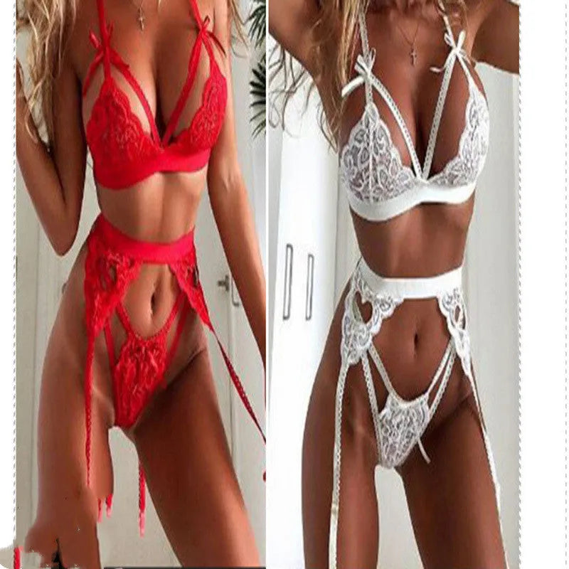 Red and white lace lingerie set for women available in four sizes