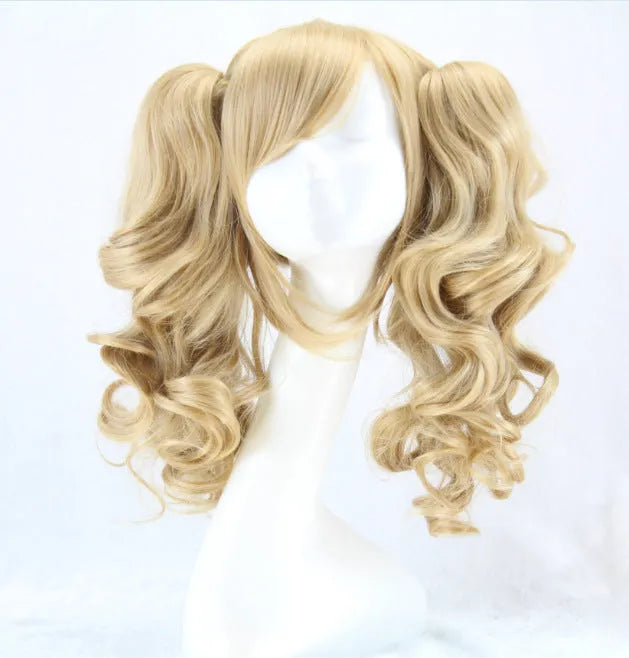 Colorful long curly synthetic wig with high temperature wire hairline in a pink gold colour option