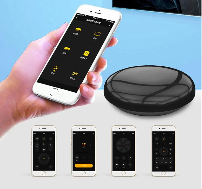 Black compact WiFi infrared universal remote control on a table, 67x67x19.5 mm, with 360° multi-directional IR