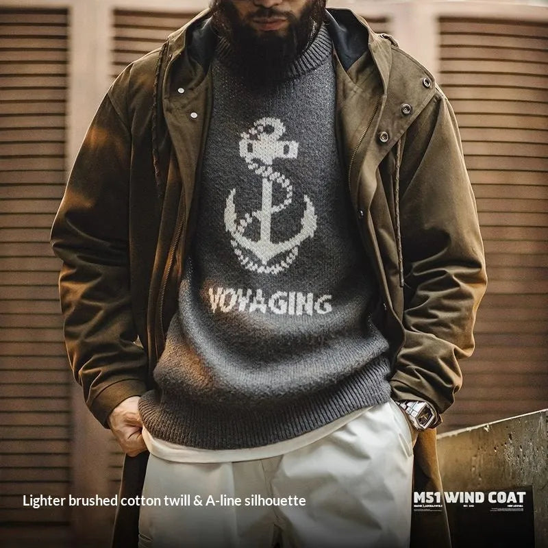 Men's military style brushed fleece hooded windbreaker loose pure cotton mid-length coat autumn brown