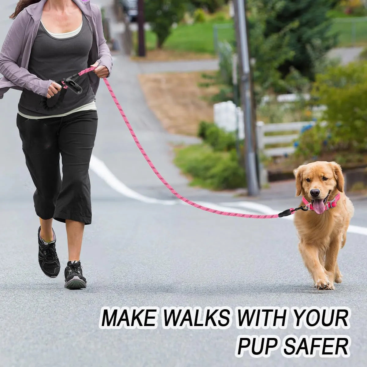 Heavy duty 5 FT nylon dog leash with padded handle and reflective threads in pink for large dogs