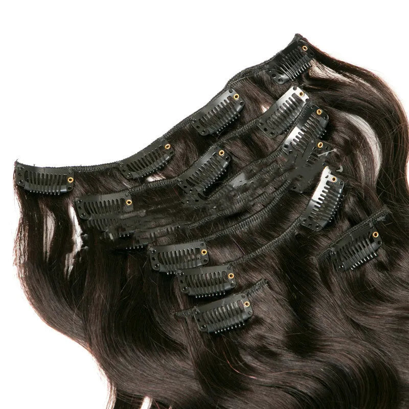 Seven-piece clip-in real hair wig set with lengths from 16 to 24 inches in natural shades
