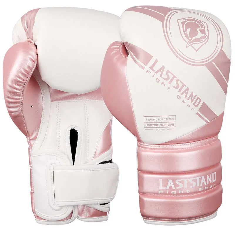 Professional vertical style PU boxing gloves for Sanda training, shown in multiple colour and weight options.