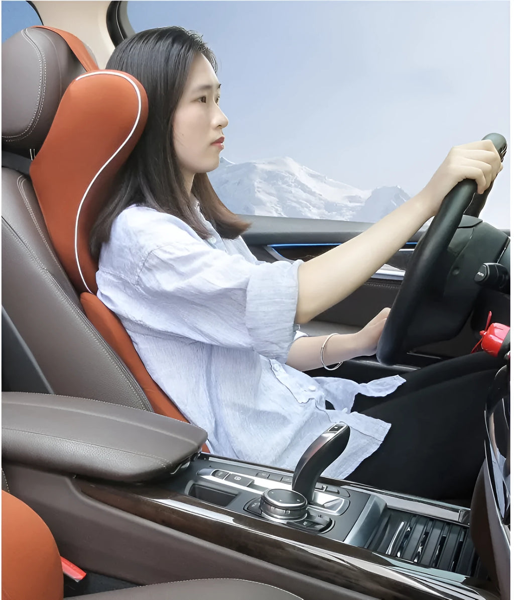Car headrest set with memory foam cotton pillow and lumbar support in breathable fabric on car seat