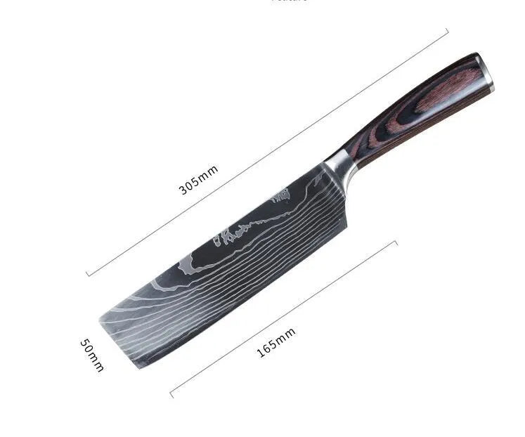 7Cr17 stainless steel kitchen knife with laser Damascus pattern blade and coloured wood handle