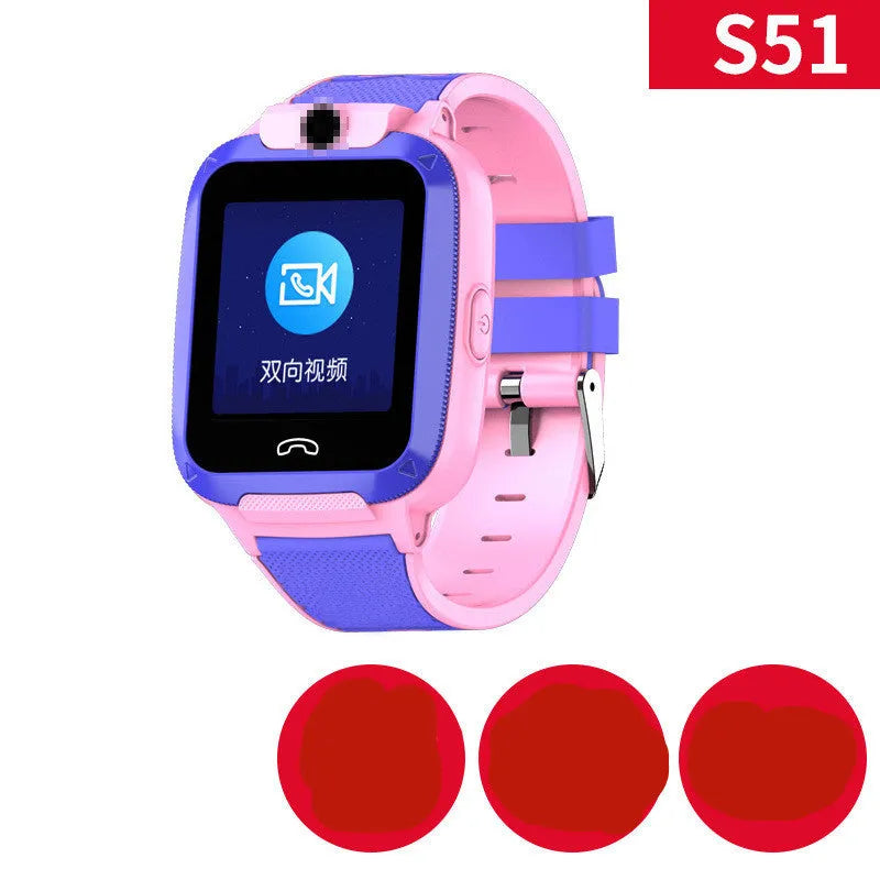 Blue children's smart watch with a 1.44-inch screen on a silicone strap, showing GPS and video call icons.