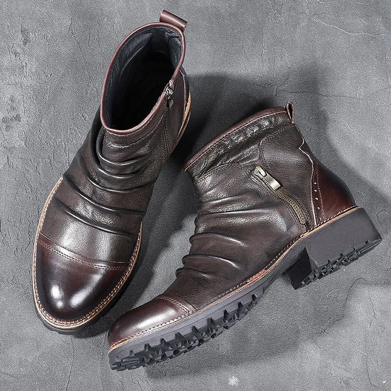 Men's black embossed PU cowboy boots with a side zipper and a mid-height horseshoe heel.