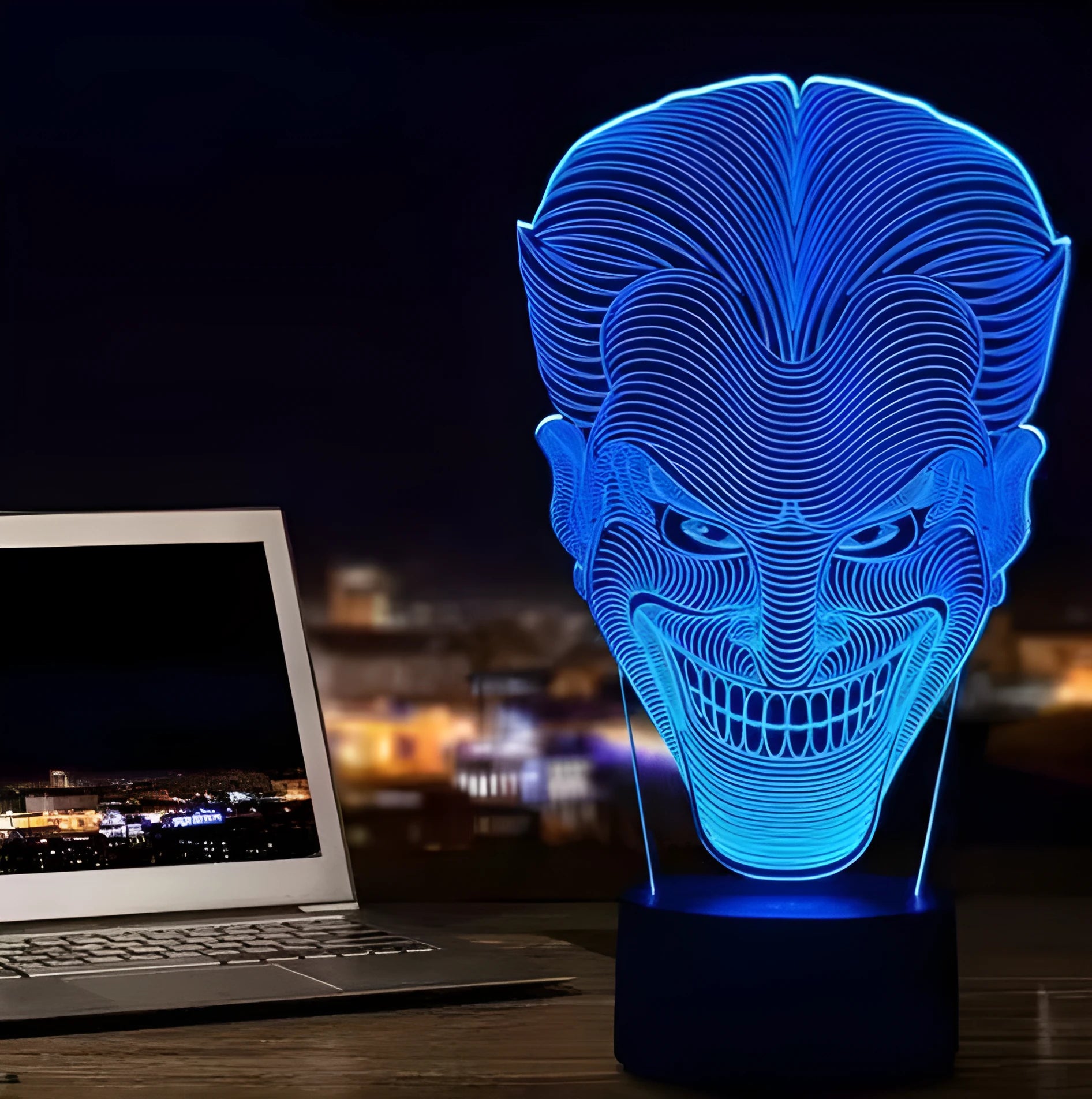 USB-powered 3D LED lamp showing seven colour options with touch control and compact desktop design