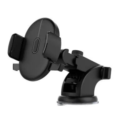 Car phone holder with black suction cup and telescopic arm on car dashboard