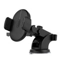 Car phone holder with black suction cup and telescopic arm on car dashboard