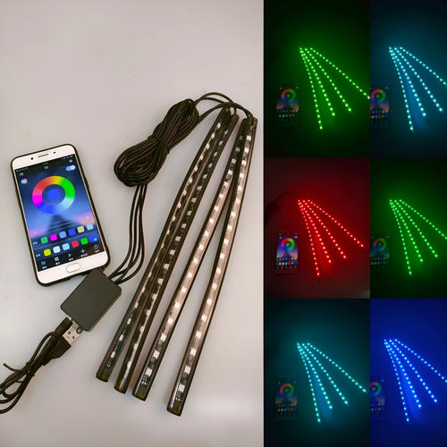 Universal car footwell LED atmosphere light strip with voice and app control for eight colours.