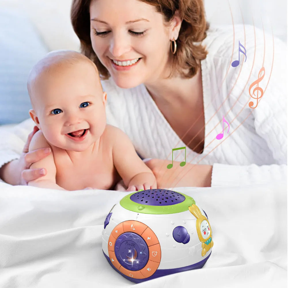 White cube-shaped children's night light projector showing starry sky projection with control button on top