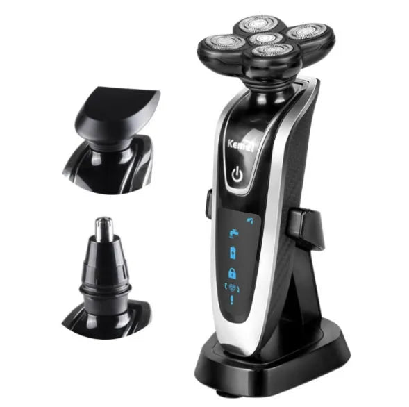Smart rechargeable razor with ABS body, charging base, and interchangeable cutter heads in EU format