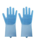 Blue silicone cleaning gloves with a textured sponge palm design for scrubbing.