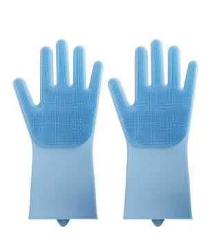 Blue silicone cleaning gloves with a textured sponge palm design for scrubbing.