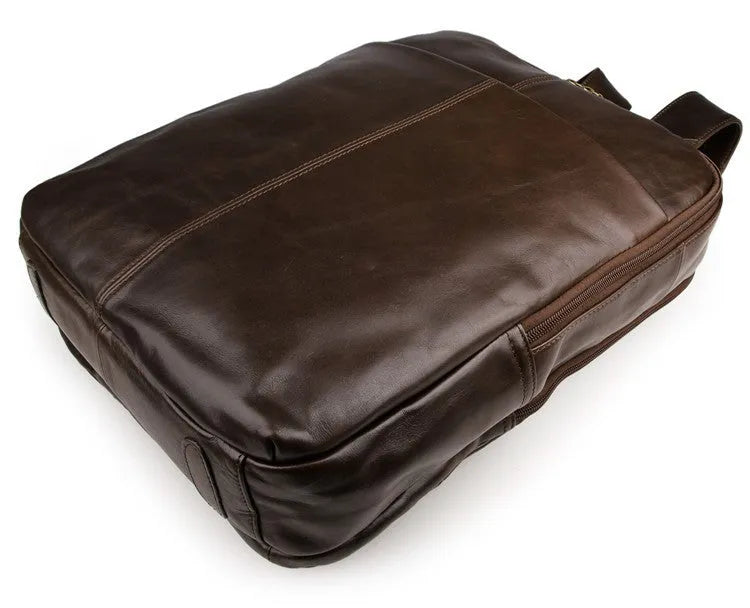 Top layer leather computer backpack in brown, fits 15 inch laptop, 29cm length 38cm height compact business daypack