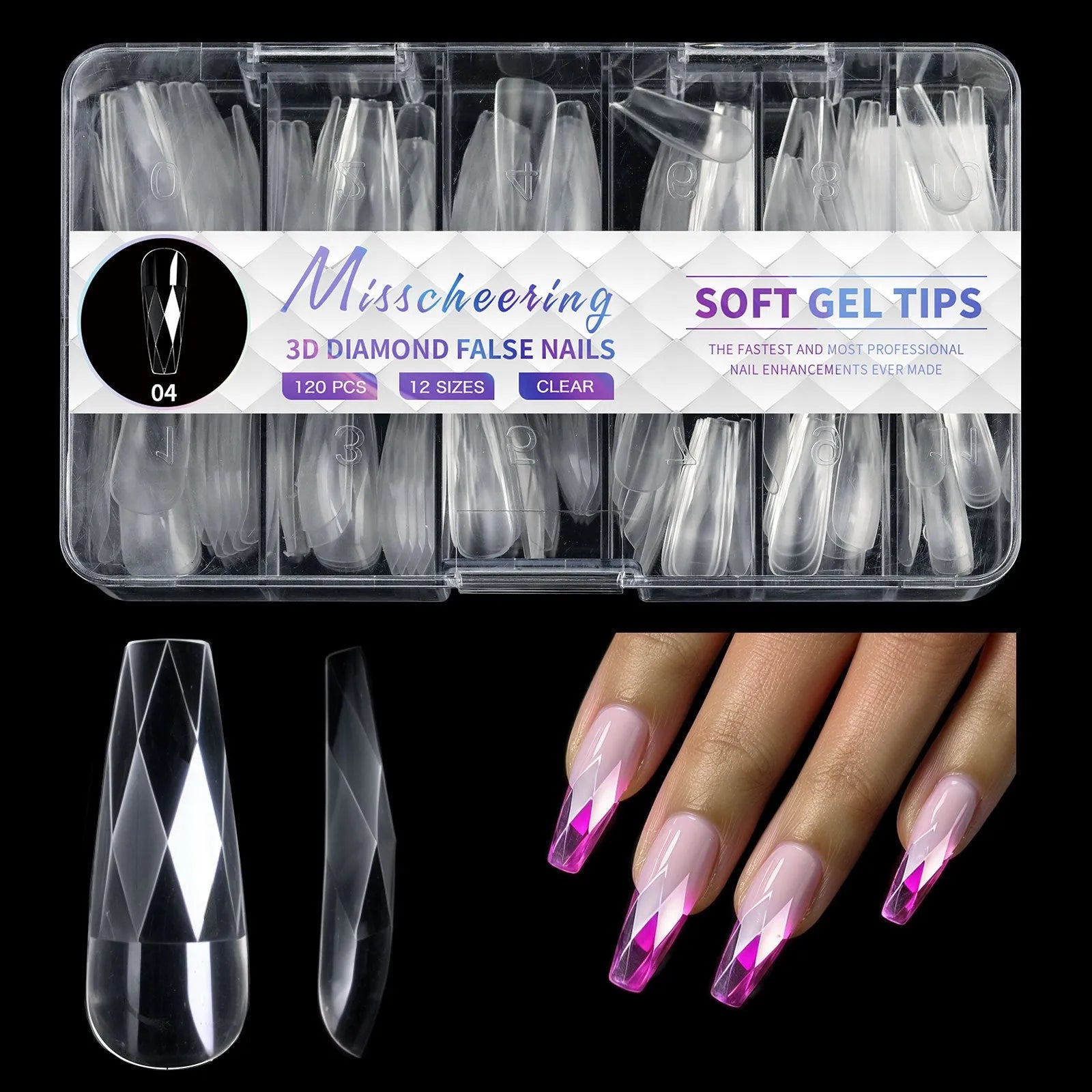 Box of long, shaped false nail tips with glittering diamond texture in various pink and white colours.