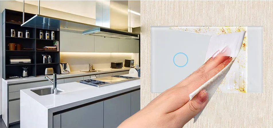 White tempered glass touch wall light switch with two control panels and LED indicators