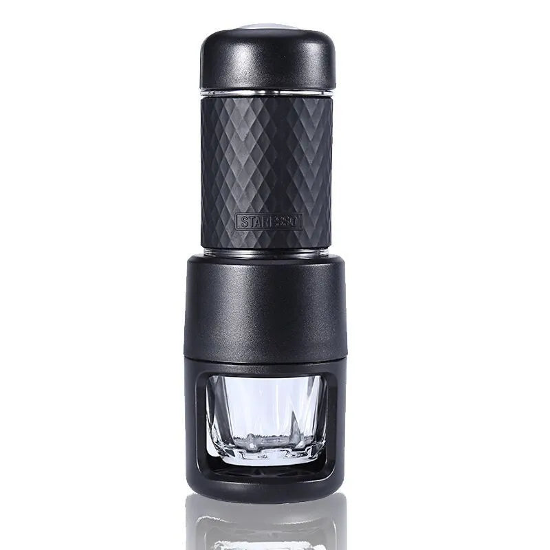 Portable manual espresso coffee machine in four colours with compact stainless steel design.