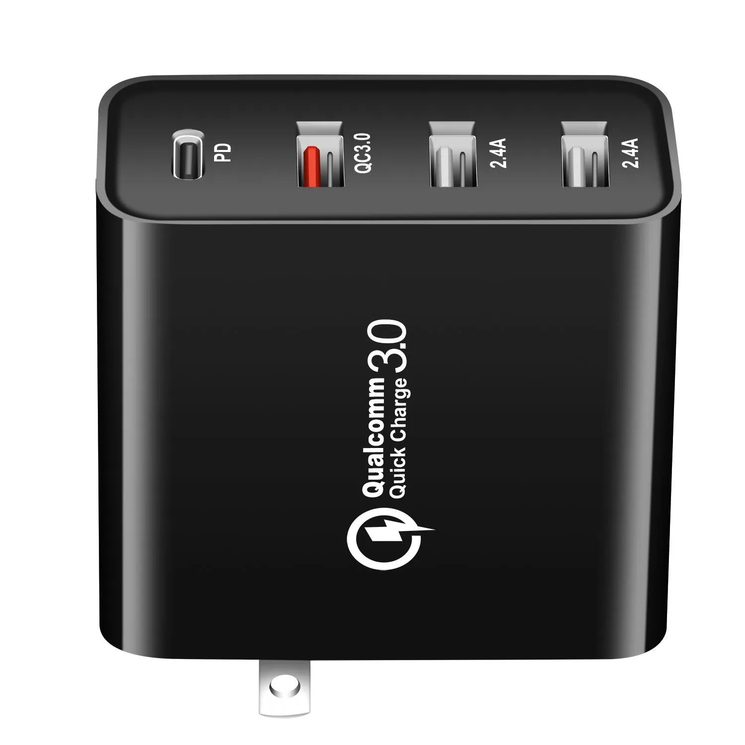 Black and white four-port USB-C wall charger with interchangeable UK, US, EU, and AU plug heads.
