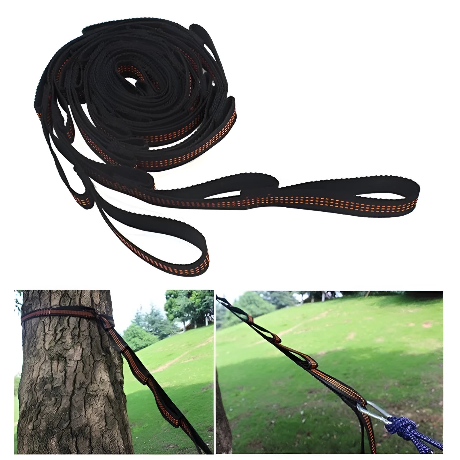 2pcs polyester hammock straps with 6 loops each, 1m length, 2.5cm width, rated 300kg