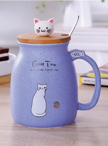 450ml cartoon ceramics cat mug with lid and spoon in pink