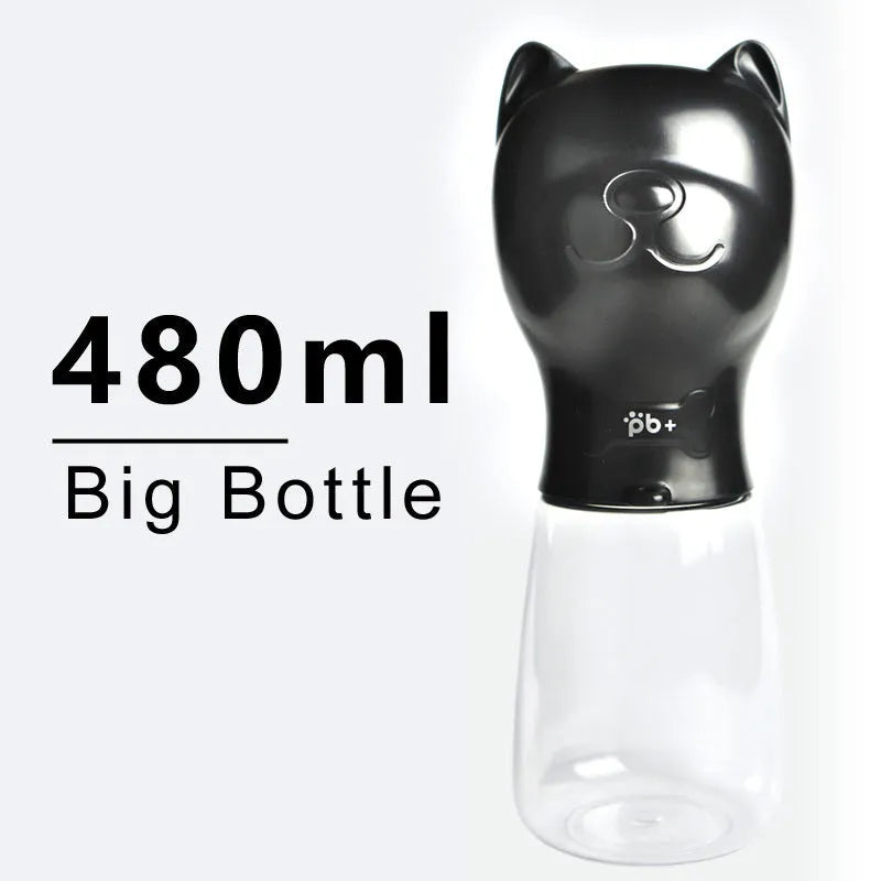 Portable pet dog drinker water bottle in black with automatic leak proof outdoor feeder for dogs and cats