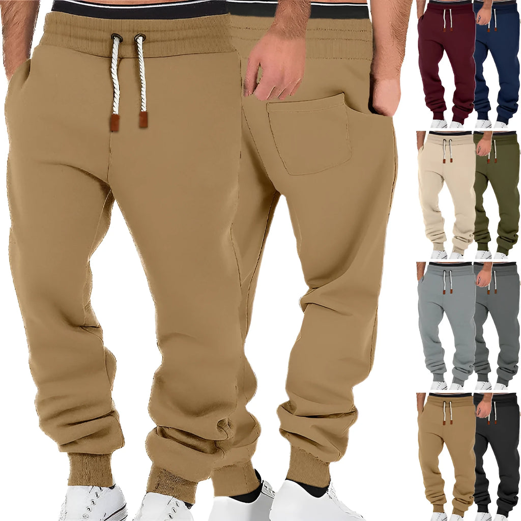 Men's loose cuffed fleece-lined sweatpants in army green, shown flat lay, with drawstring waist and elastic cuffs