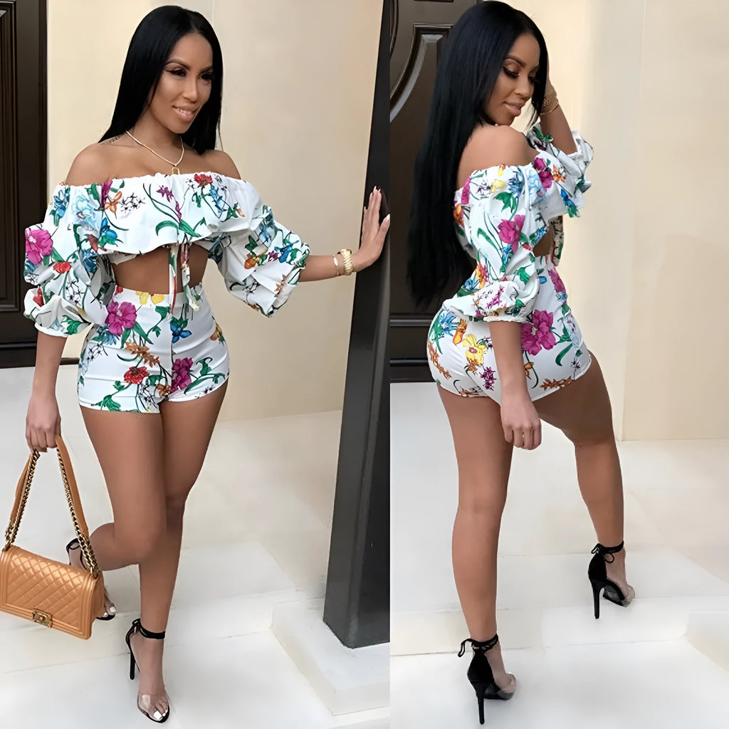 Multicolour digital print two-piece set with pile sleeves short top and matching shorts