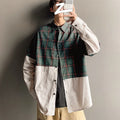 Autumn Japanese plaid stitching cotton shirt for men, green colour, long sleeves, square collar