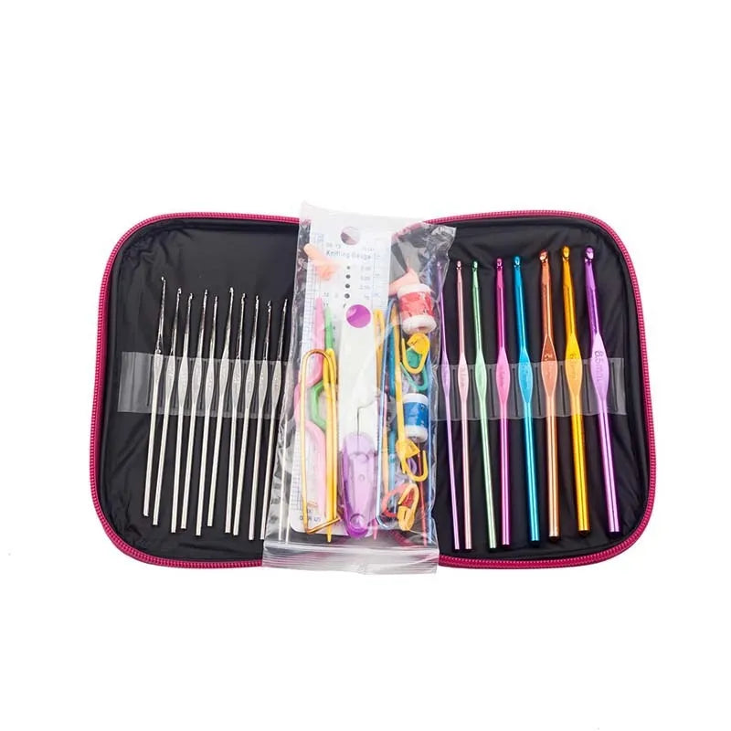 23-piece stainless steel crochet hook set with sizes from 0.6mm to 8.0mm on a plain background