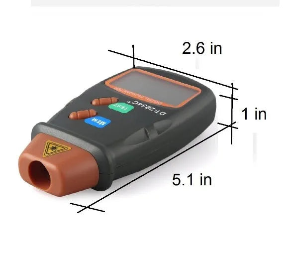 Digital tachometer in dark grey ABS plastic with 5-digit LCD display and black buttons on white background