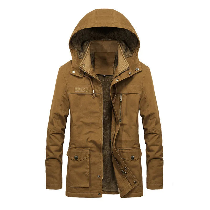 Men's thickened winter jacket in khaki with stand-up collar and zip front, loose fit casual style