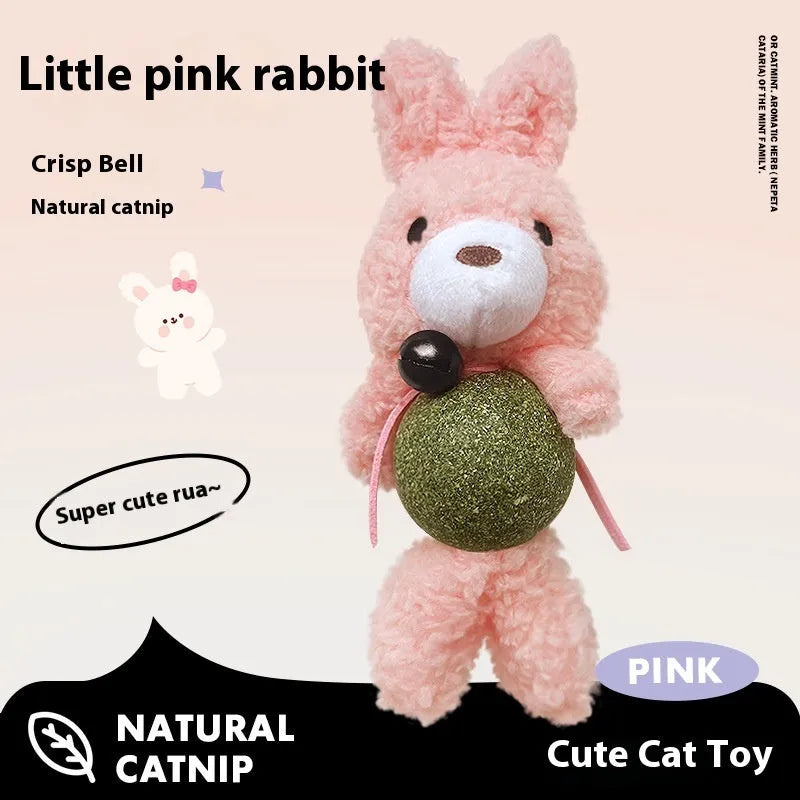 Plush catnip ball toy with bell in animal designs for kitten biting relief