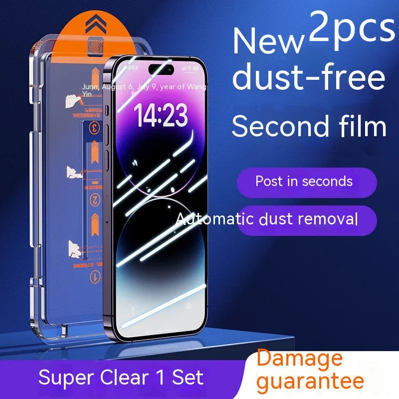 iPhone tempered glass screen protector with dust-free application kit and listening hole dustproof net.
