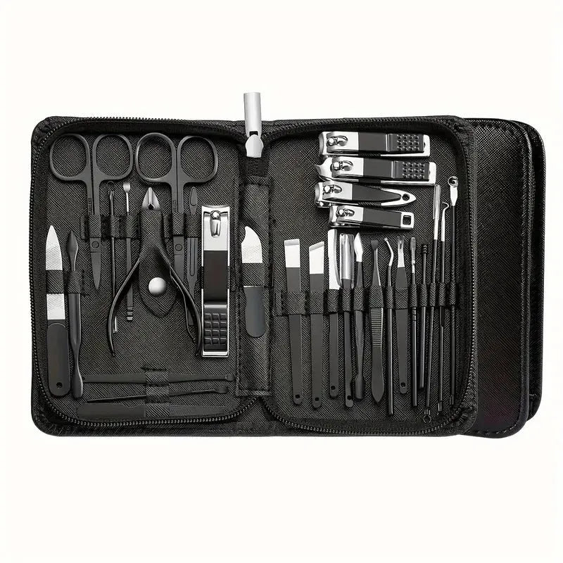 30-piece stainless steel nail beauty tool set showing various manicure and pedicure tools