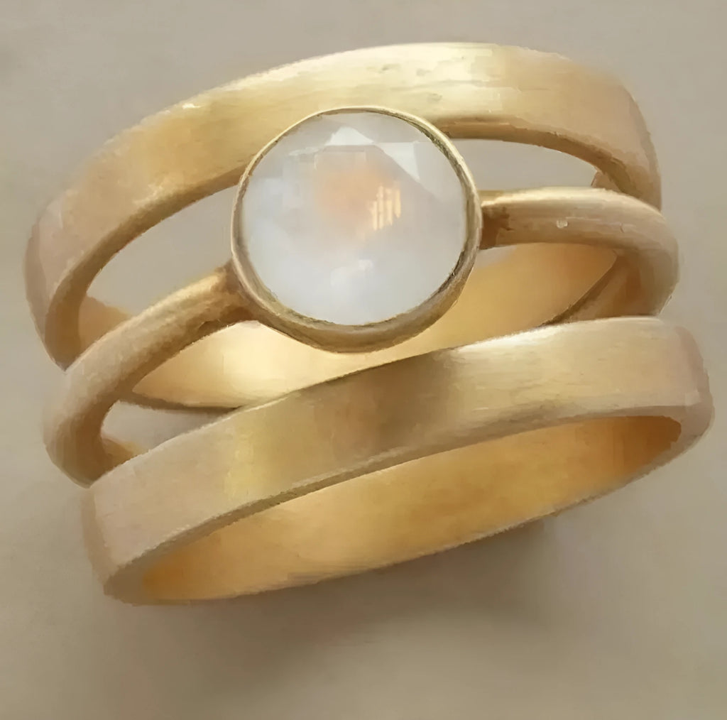 Gold-plated titanium steel geometric ring with a white chalcedony stone inset on a simple band.