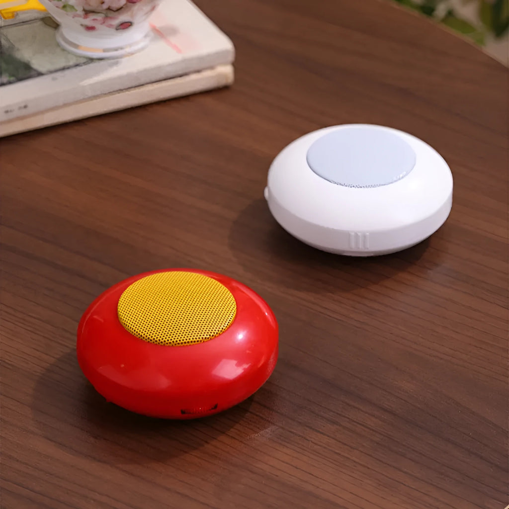 Mini Super Loud HD Music Machine Player portable speaker in red and white with button controls and metal finish