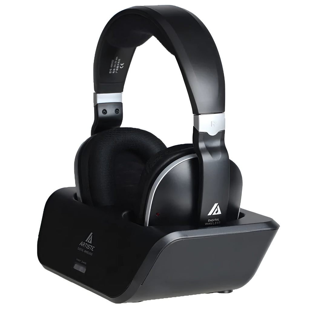 Black ABS on-ear wireless headphones for TV viewing with bass sound